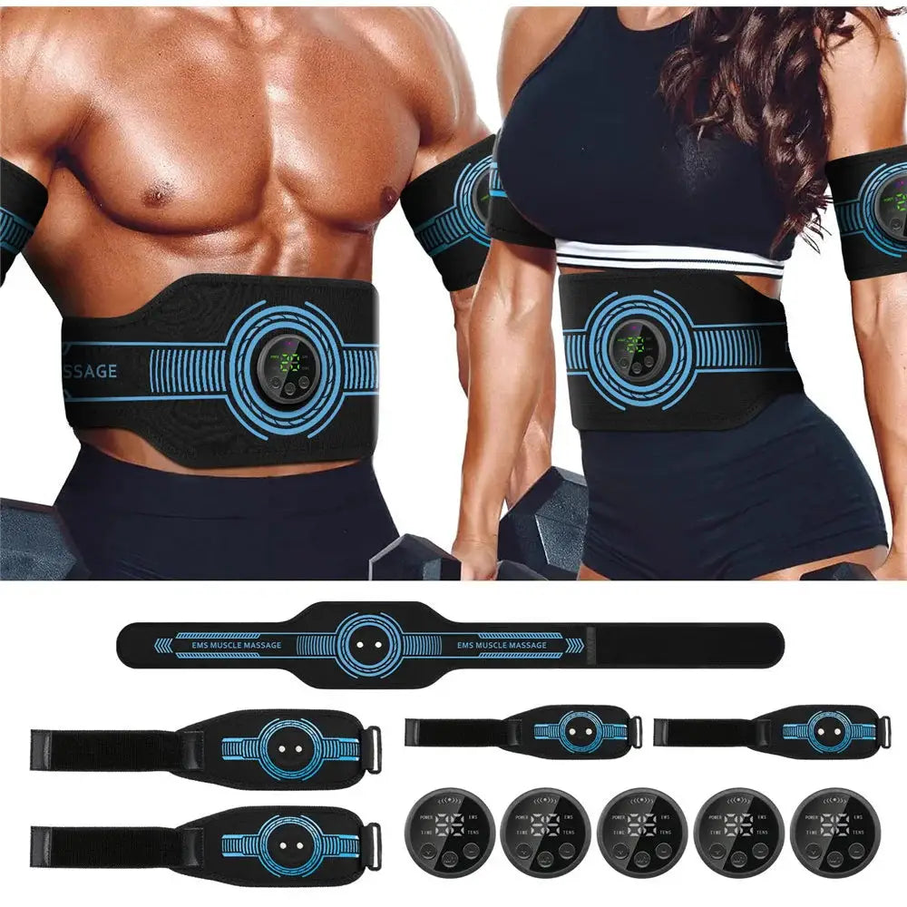 EMS belt massage set by Simples Market; black waist belts with blue accents and circular control units.