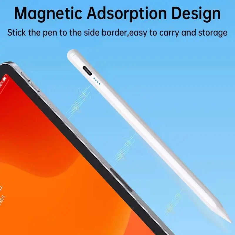 White universal stylus pen with magnetic side attachment for Android, iOS, Windows capacitive screens
