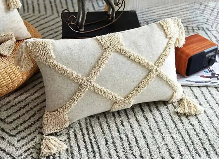 Boho linen cushion cover in beige with textured tassel lattice pattern and corner tassels, 45x45cm