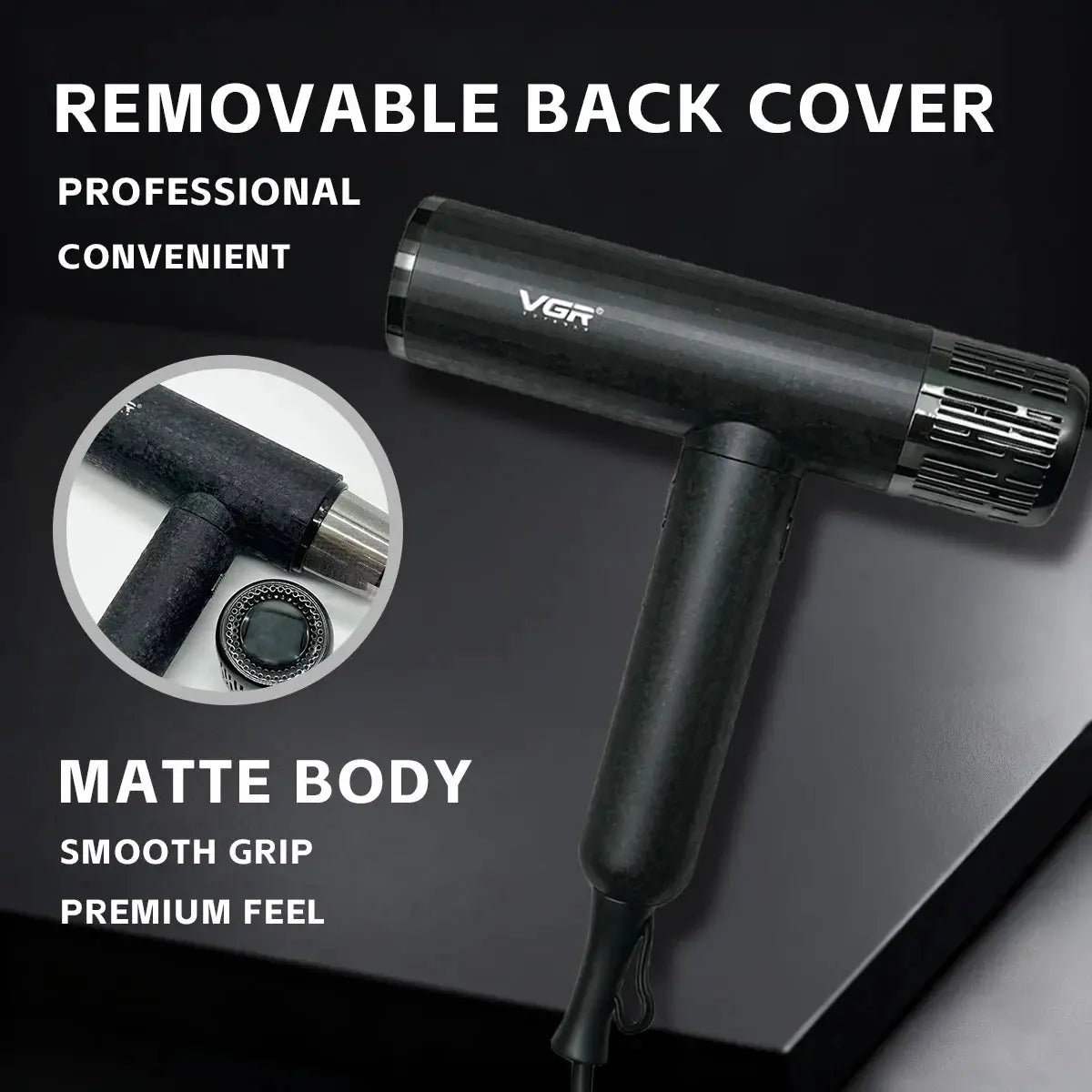VGR hair dryer with matte black body and removable back cover