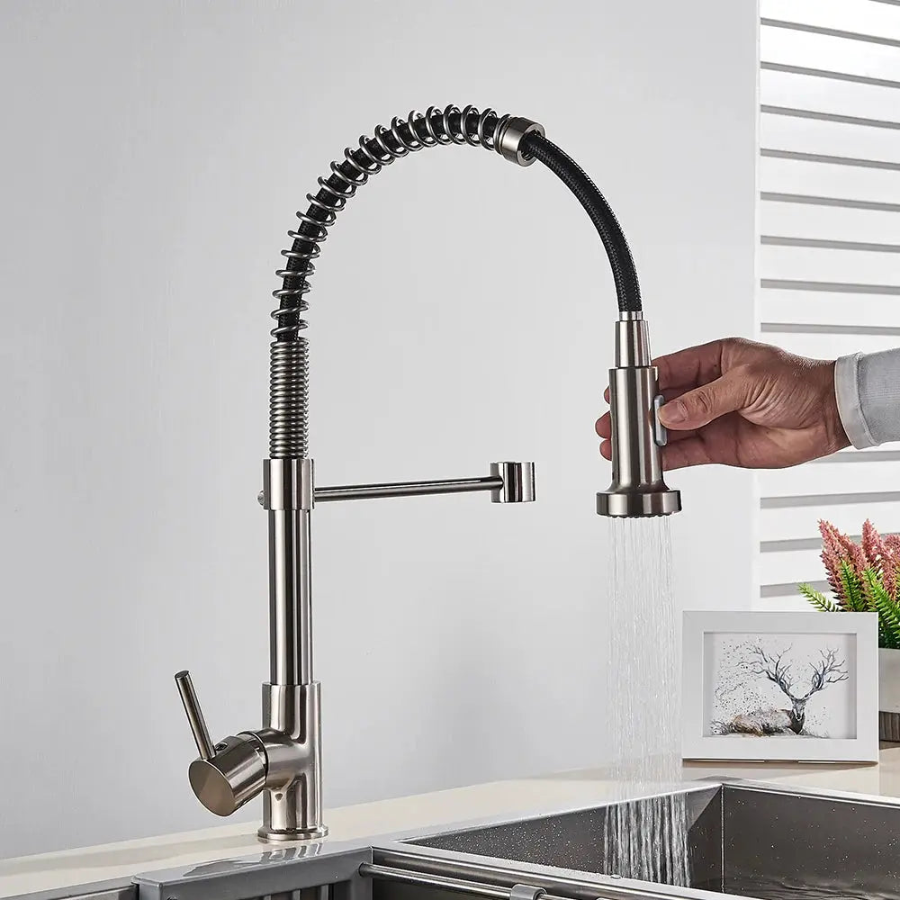 Rozin brushed nickel deck-mounted kitchen faucet with pull-down spray head and 360° rotation Simples Market