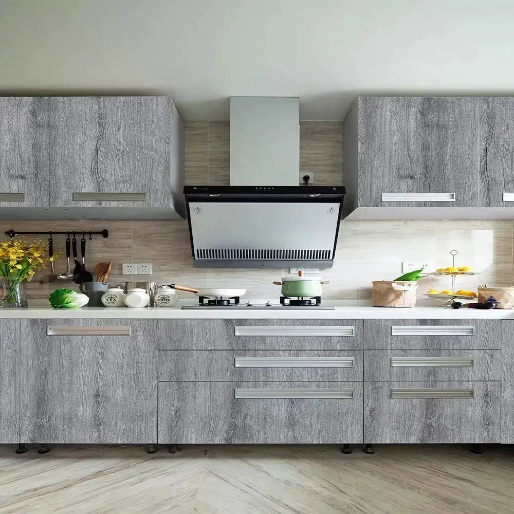 Self-adhesive wood grain vinyl wallpaper, 55cm wide, grey finish for doors, wardrobes, cupboards, and furniture.