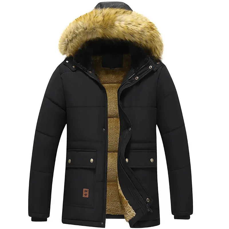 Men's winter parka jacket with fur-trimmed hood, black exterior and tan fleece lining; Simples Market.
