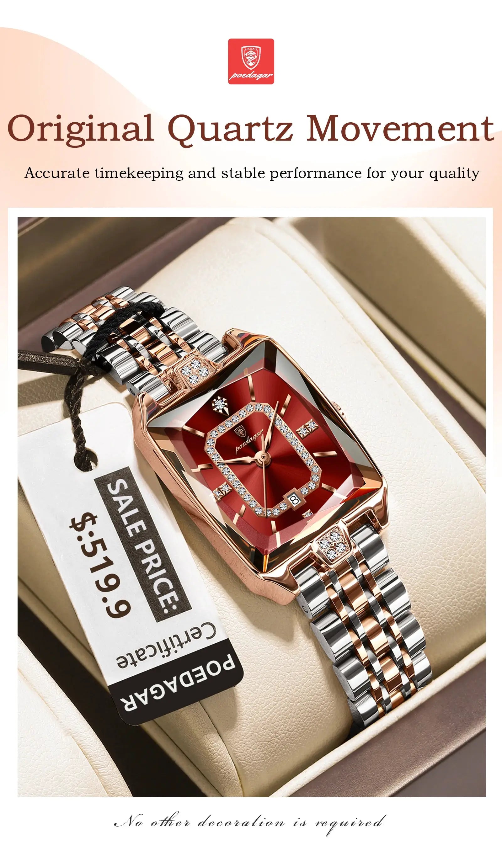 POEDAGAR luxury rectangular women's quartz watch with rose-gold and silver bracelet and crystal-studded bezel.