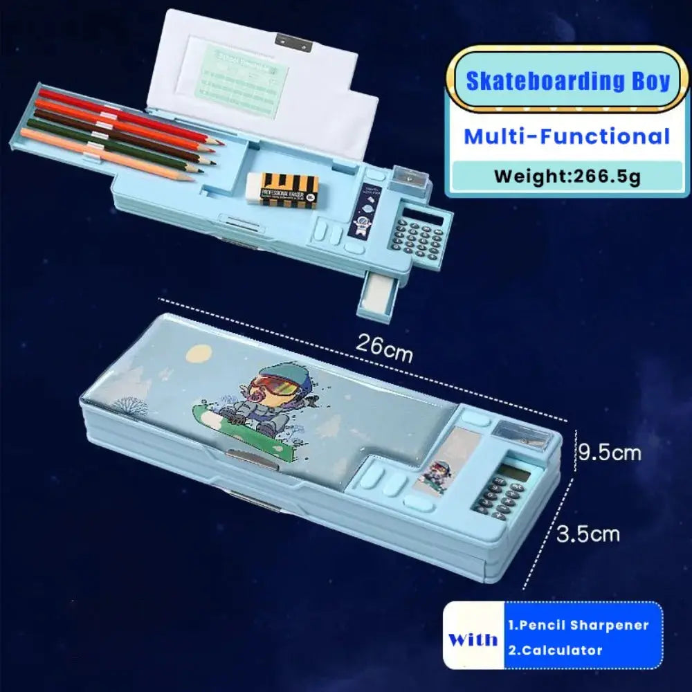 Blue plastic pencil case with built-in calculator and pencil sharpener; double-sided multi-functional design.