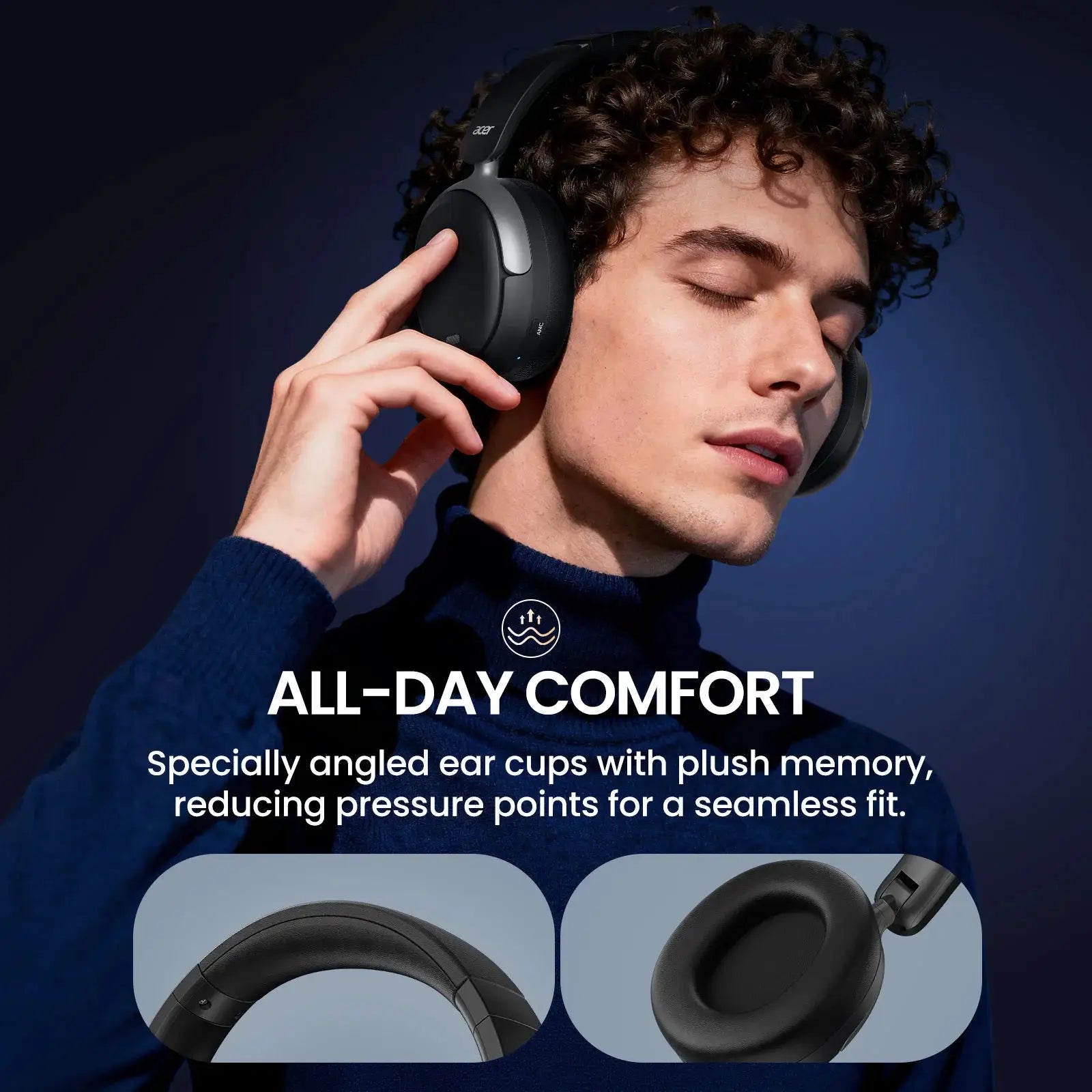 Acer ANC Wireless Headphones Noise Cancelling Over Ear Bluetooth Headset With 40mm Driver And Hi Res Spatial Audio