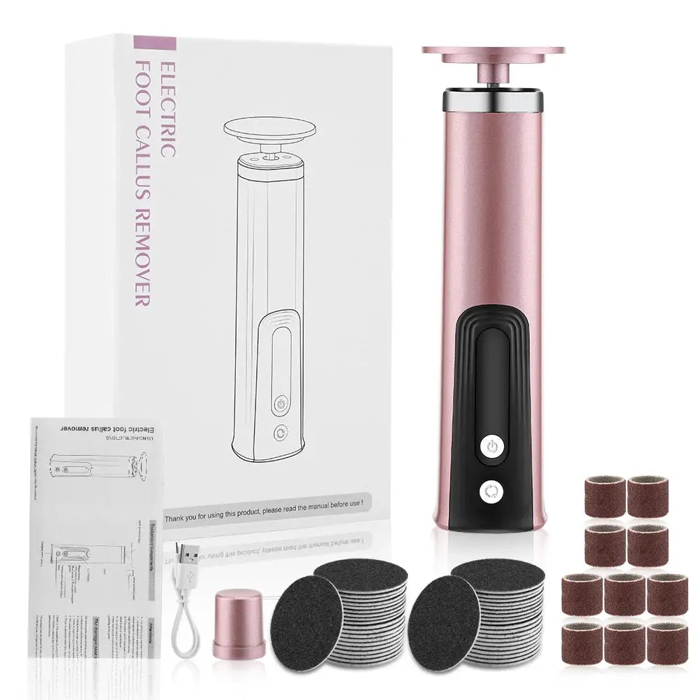 Electric foot callus remover in pink, handheld pedicure tool with replacement sanding discs