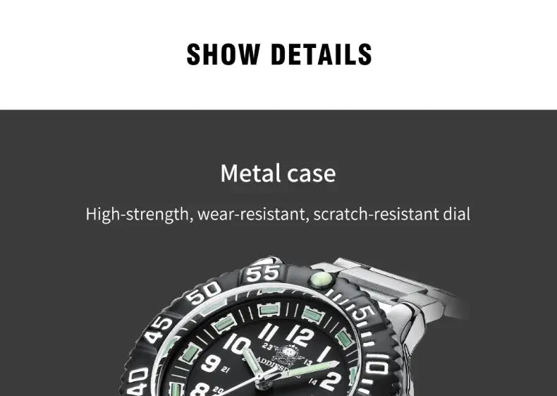 Addies Dive men's watch Quartz with metal case, black dial, rotating bezel, 50m water resistance, luminous hands