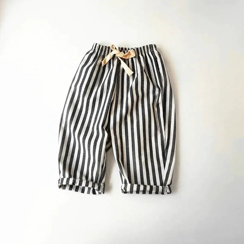 Spring Summer Kids Linen Cotton Striped Loose Pants Lace Up Vintage Casual Clothing For Boys And Girls
