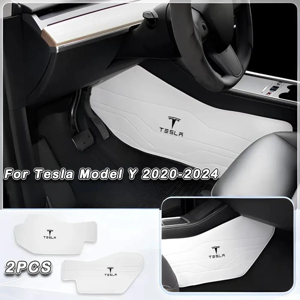Simples Market Tesla Model Y white leather interior mats, 2pcs, cockpit and side mats with Tesla logo