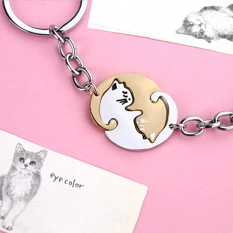 Cute Cat Hug Keychain by Simples Market; stainless steel round heart patchwork charm