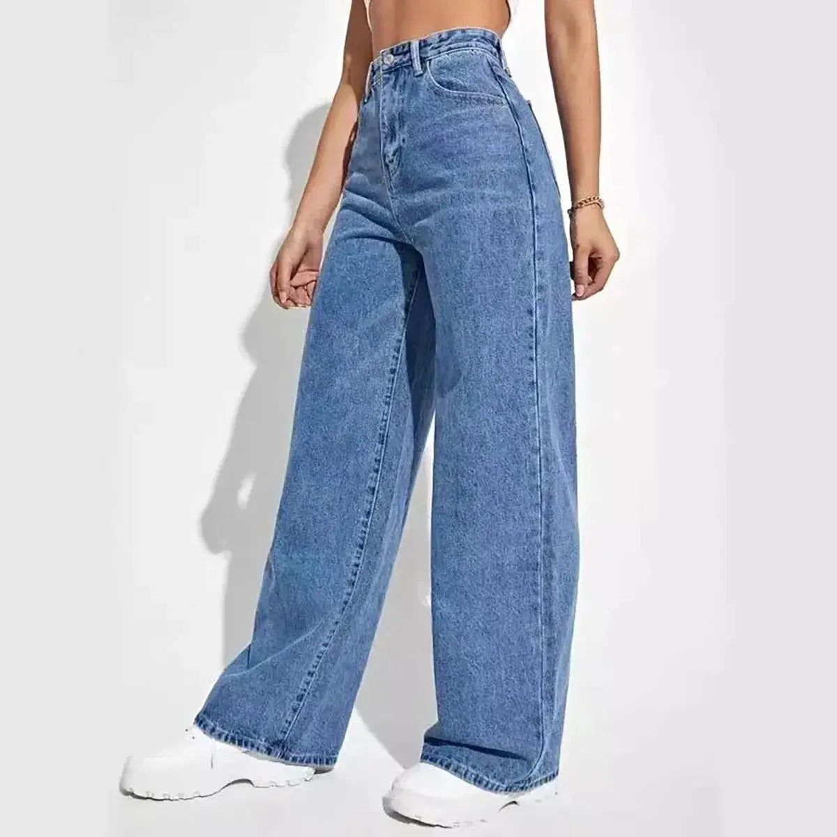 Retro Blue Jeans For Women Y2K High Waist Baggy Straight Leg Denim