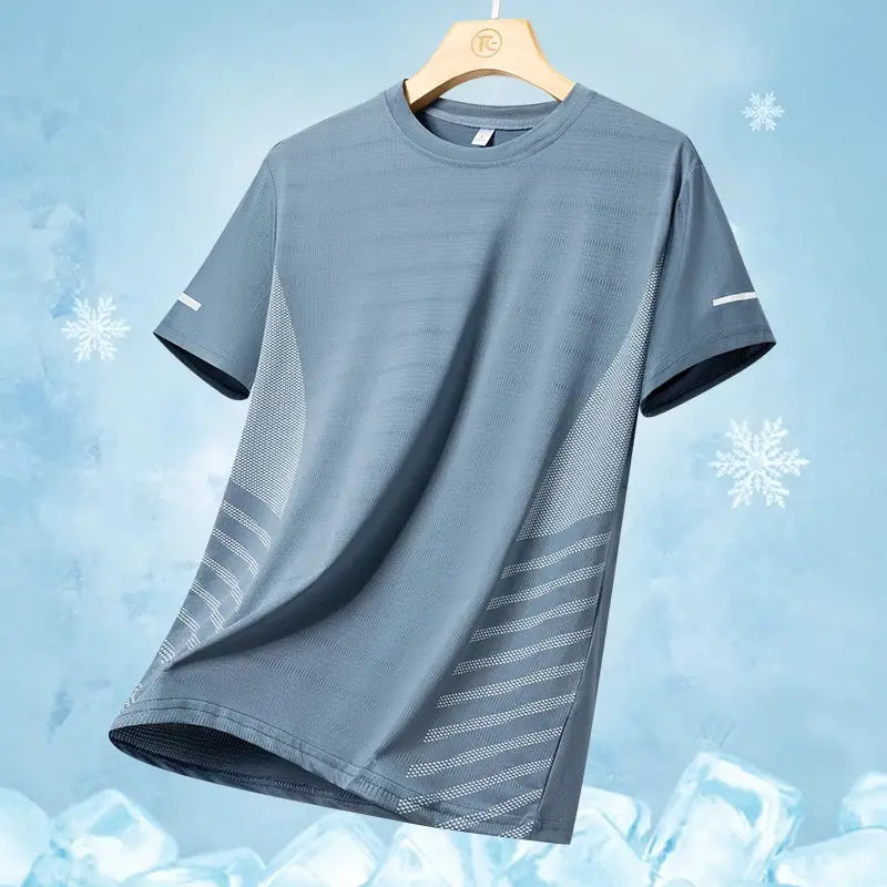 Men's running T-shirt in blue-gray ice-silk with breathable mesh panels and reflective accents.