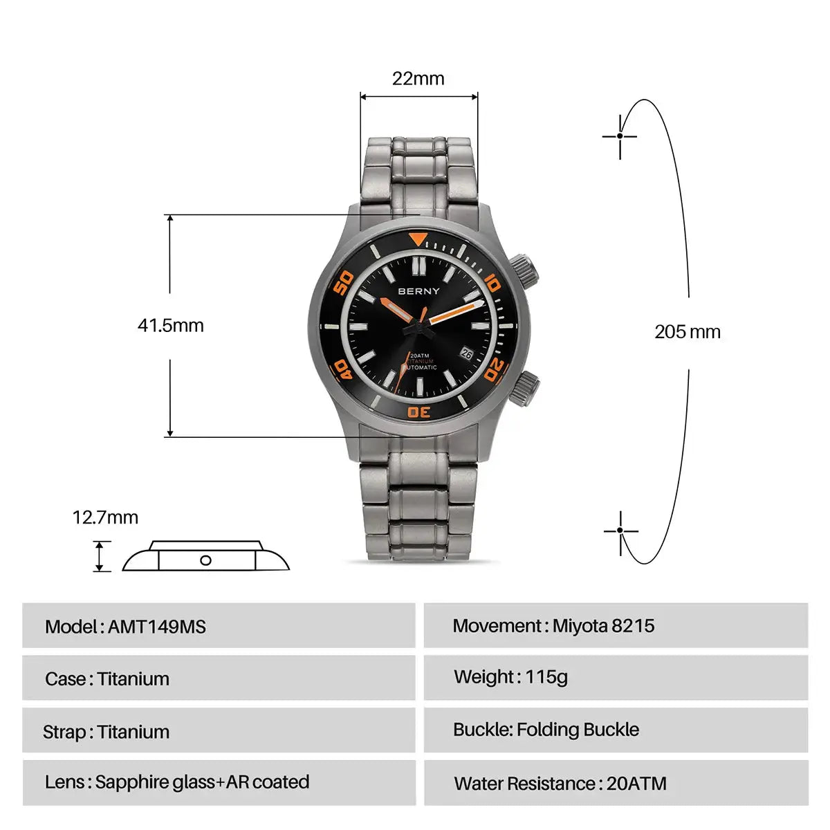 BERNY titanium diver watch for men with black dial, orange bezel accents, sapphire AR glass, Miyota 8215, 20ATM