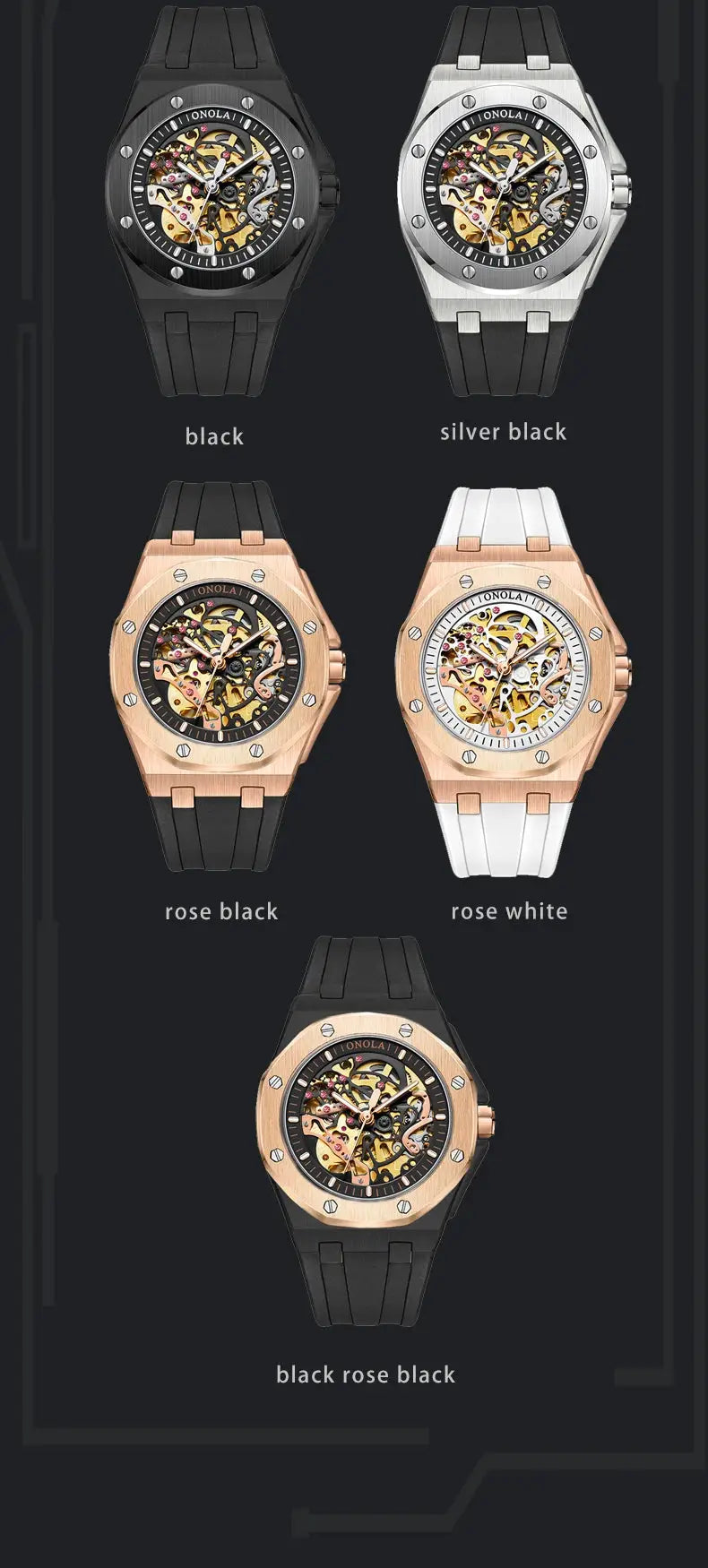 ONOLA wristwatch: five skeleton sport watches in black, silver-black, rose-black, rose-white, and black-rose-black.