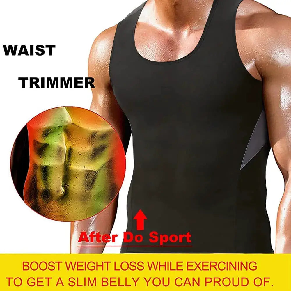 Men's black sauna compression sleeveless shirt with waist-trimmer design for workouts and weight loss.