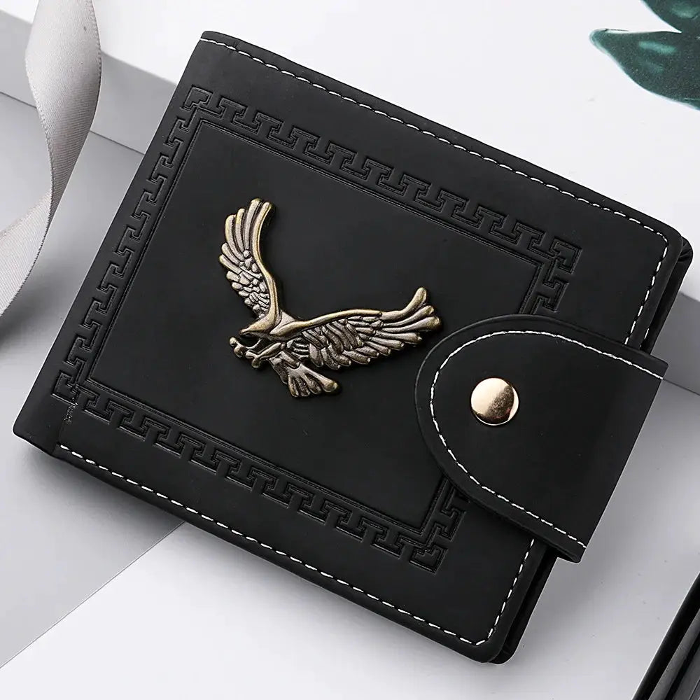 Men's PU leather wallet by Simples Market, black folding cardholder with gold eagle emblem
