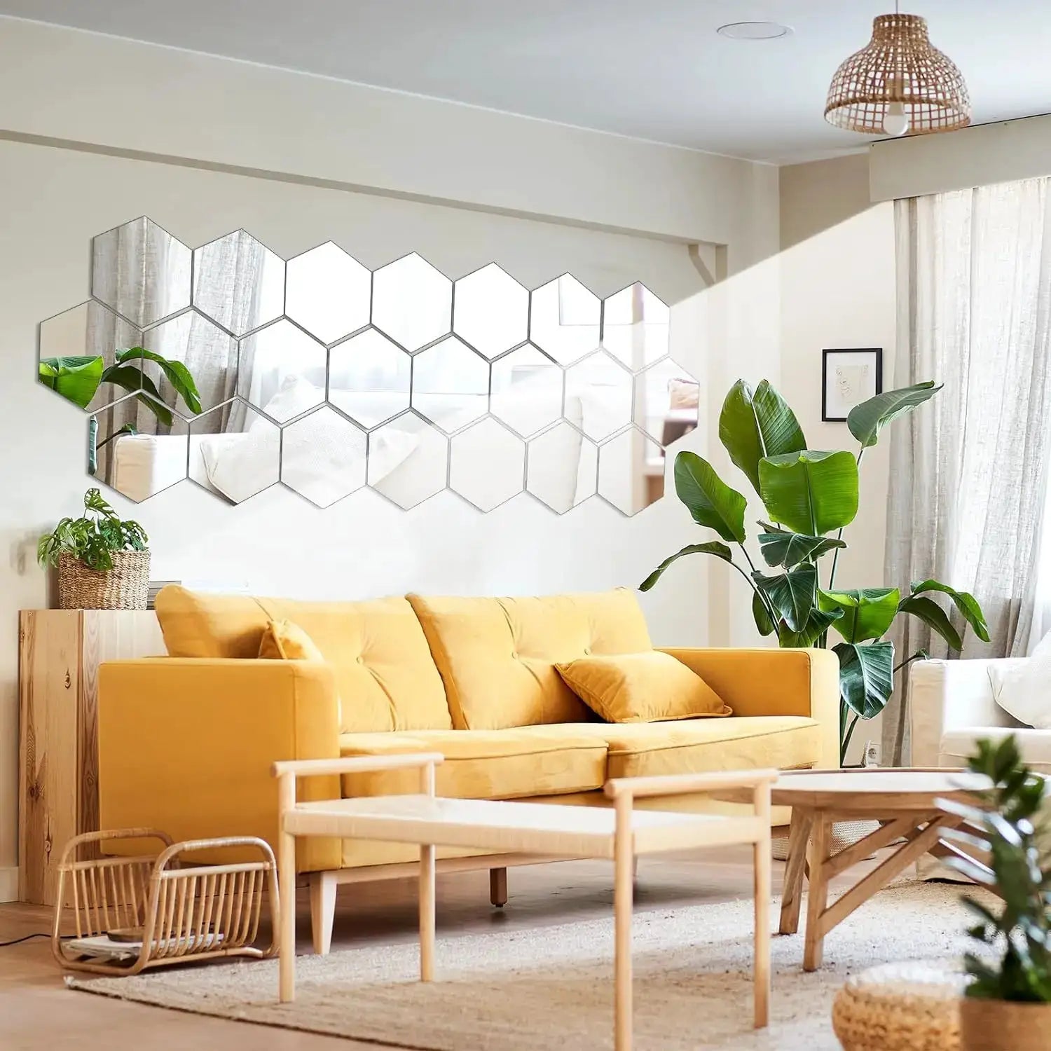Hexagon mirror wall sticker set, 6/12pcs, 126mm each, self-adhesive decorative wall decals