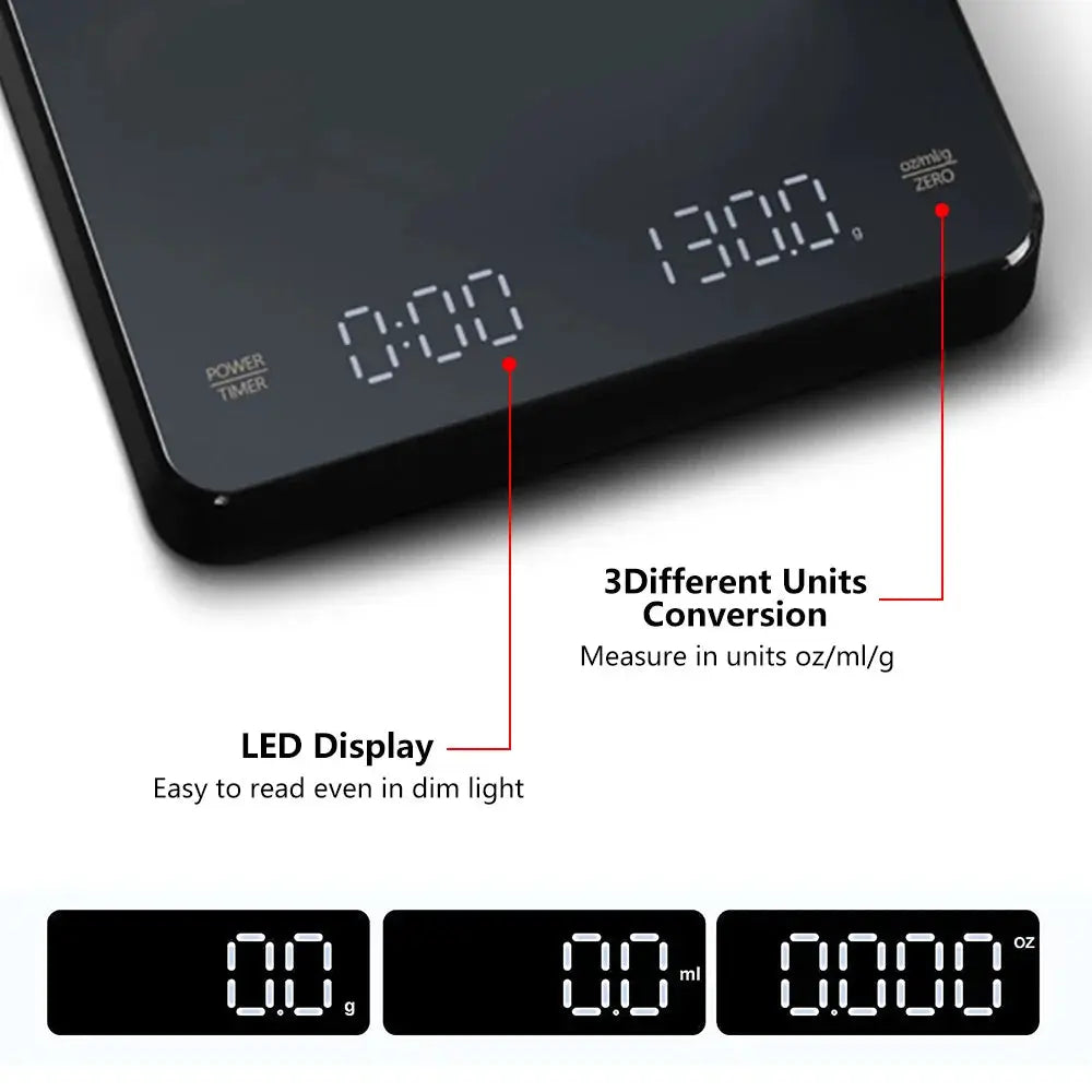 BaristaPro Digital Coffee Scale With Timer LED Screen 3kg Capacity 0.1g Precision USB