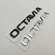 Octavia rear badge emblems set, 3D ABS, black and chrome finishes, 2 pieces