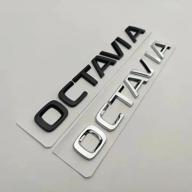 Octavia rear badge emblems set, 3D ABS, black and chrome finishes, 2 pieces