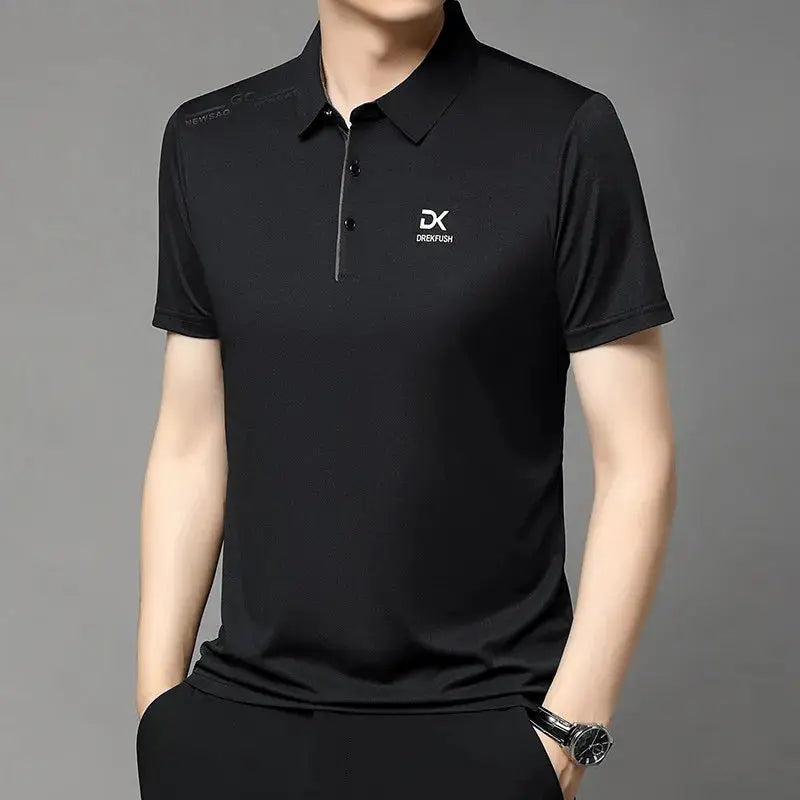 Men's black polo shirt with DK badge logo, breathable short-sleeve business top