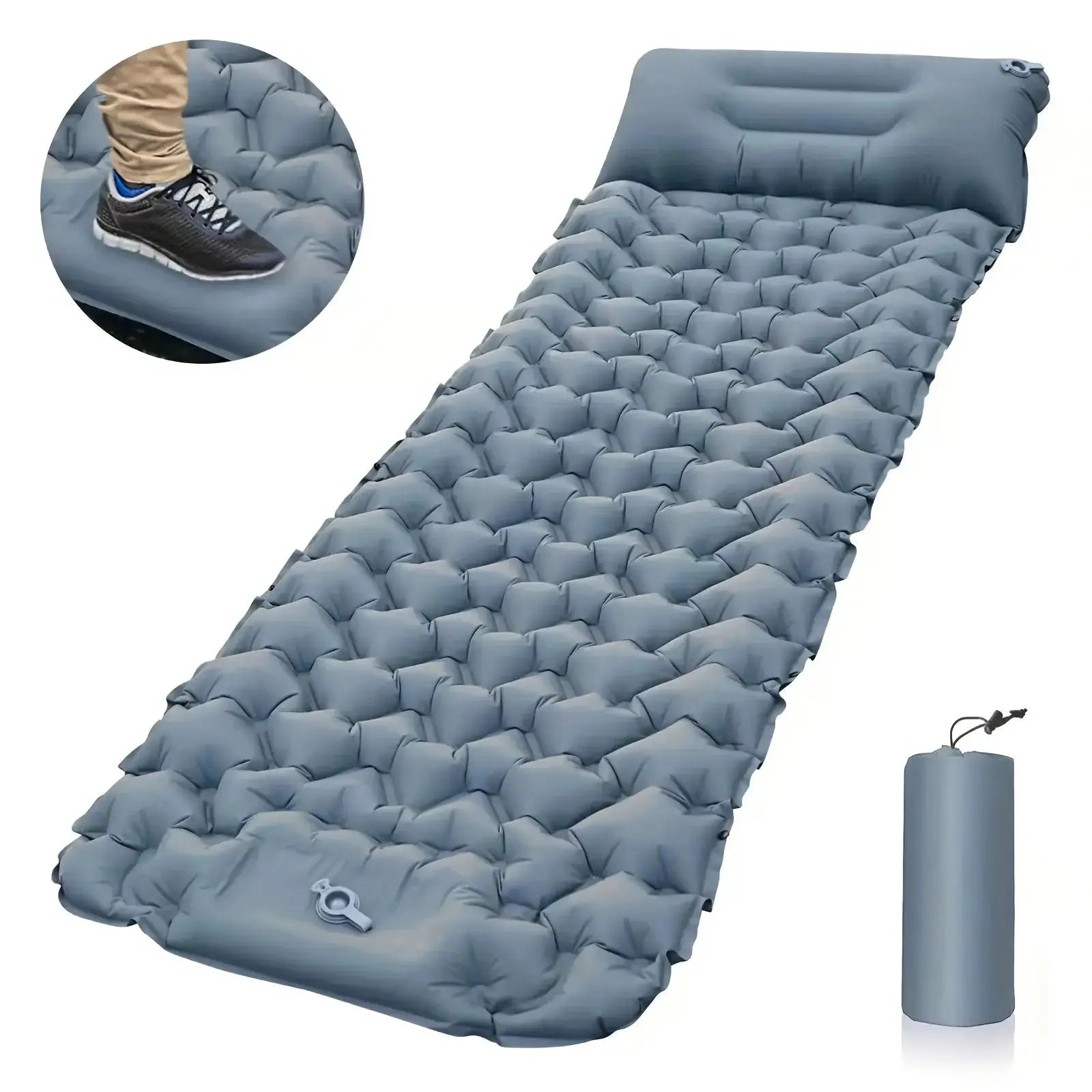 Simples Market blue-gray outdoor sleeping pad inflatable camping mattress with head pillow.