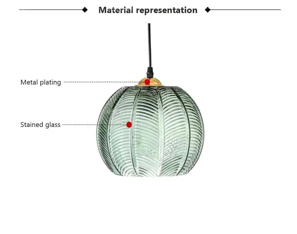 Nordic glass pendant light, green leaf-pattern stained glass by Simples Market.