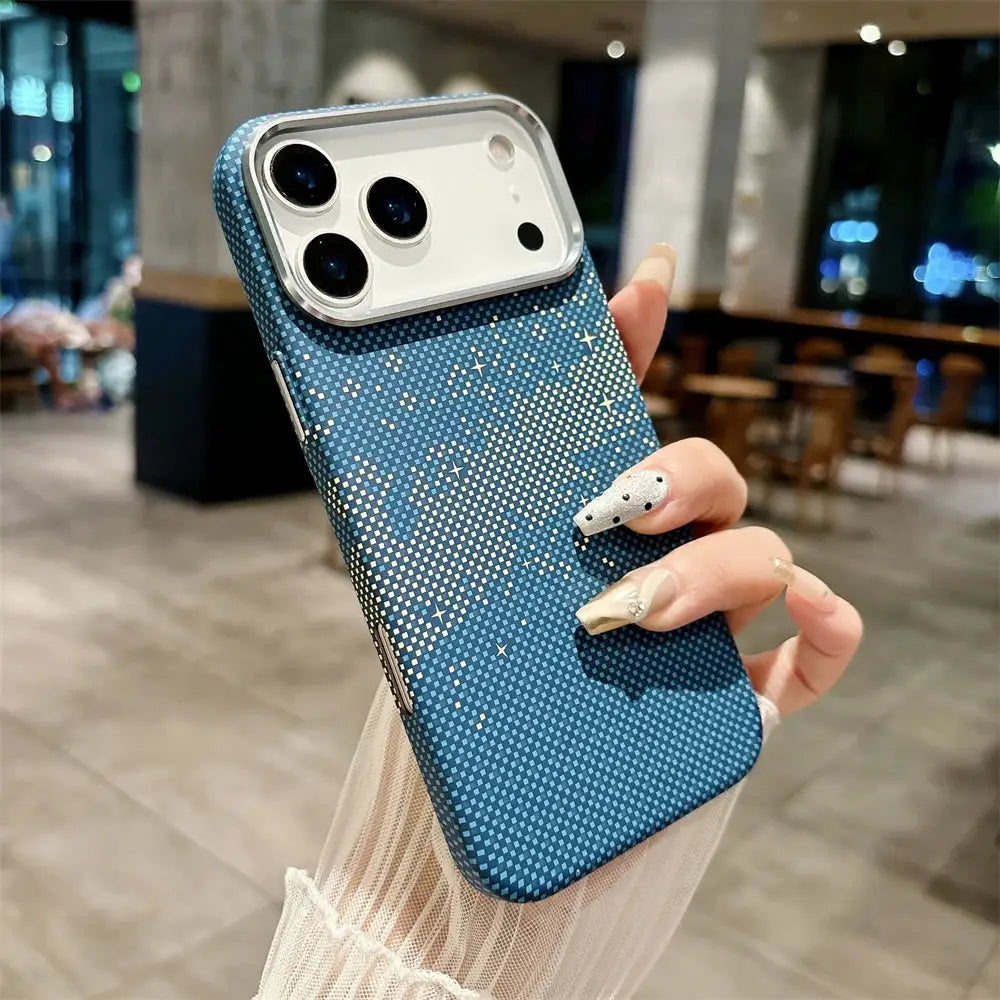 Luxury Kelvar carbon fiber phone case for iPhone 17 Pro Max in blue with dotted pattern and magnetic wireless charging