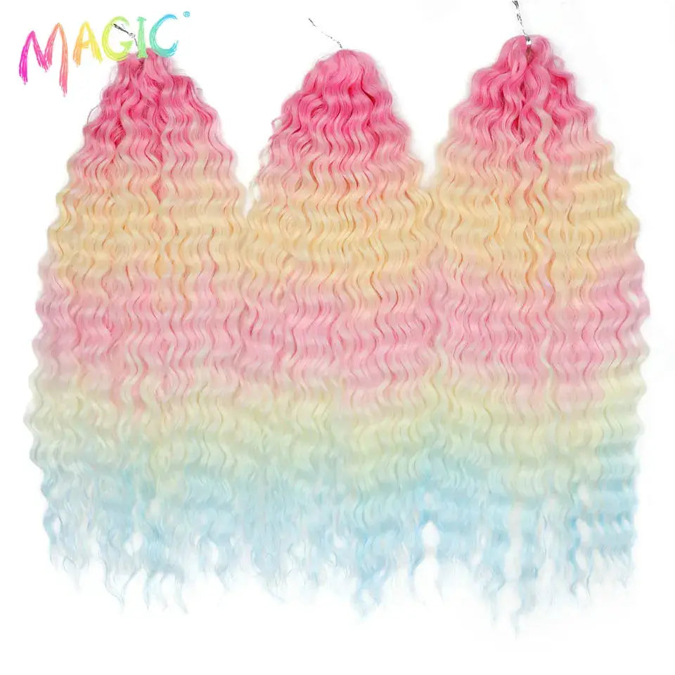 Magic Ariel Curl crochet hair extension; pastel ombre pink to blue, 22-inch deep wave, synthetic braid, 3 bundles