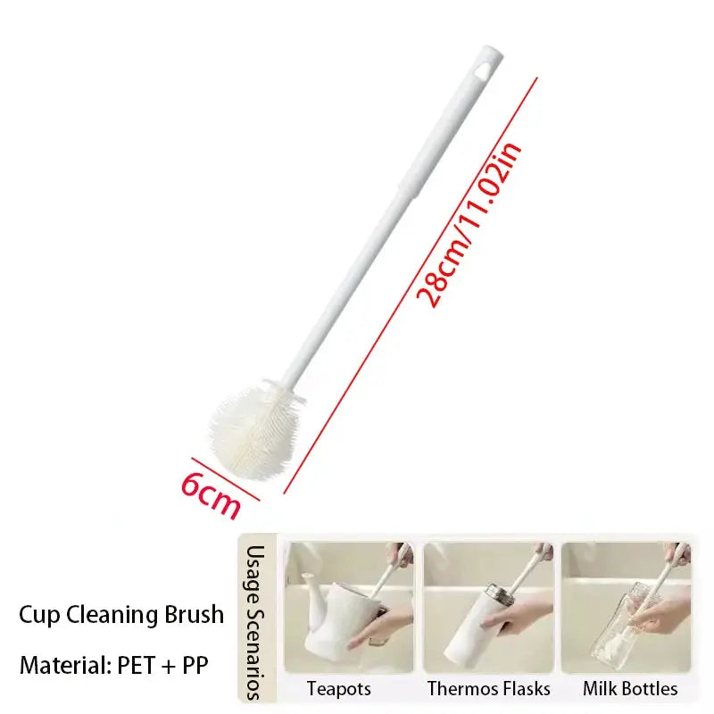 Long-handle cup brush with white bristles, PET+PP head for cleaning teapots, thermos flasks and milk bottles