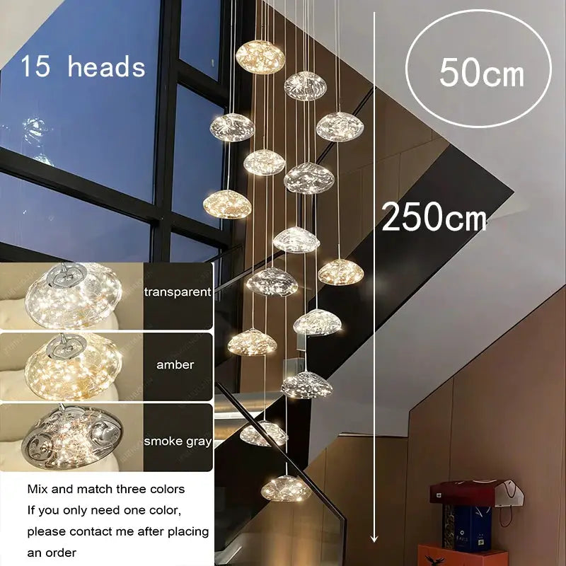 Pendant light 15-head glass chandelier with amber, transparent or smoke gray domes, 50 cm diameter and 250 cm drop