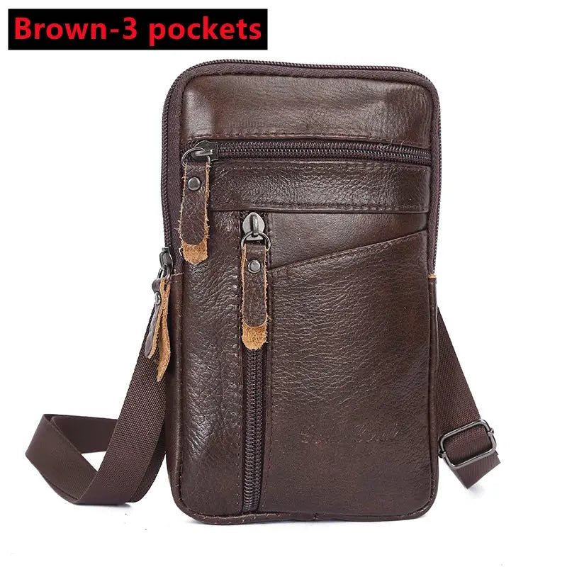 Men's genuine leather waist bag brown crossbody with 3 pockets by Simples Market