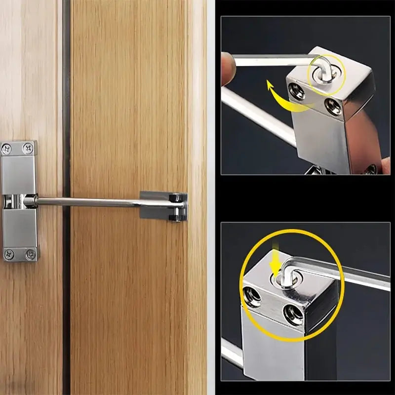 Door closer for 20–40kg doors; adjustable spring closing device with chrome mounting arm