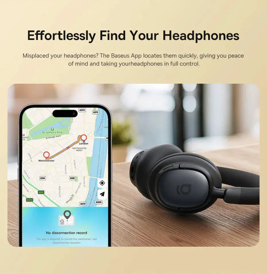 Baseus Bowie MH1 Bluetooth headphones, black over-ear headset with LDAC and noise cancellation.