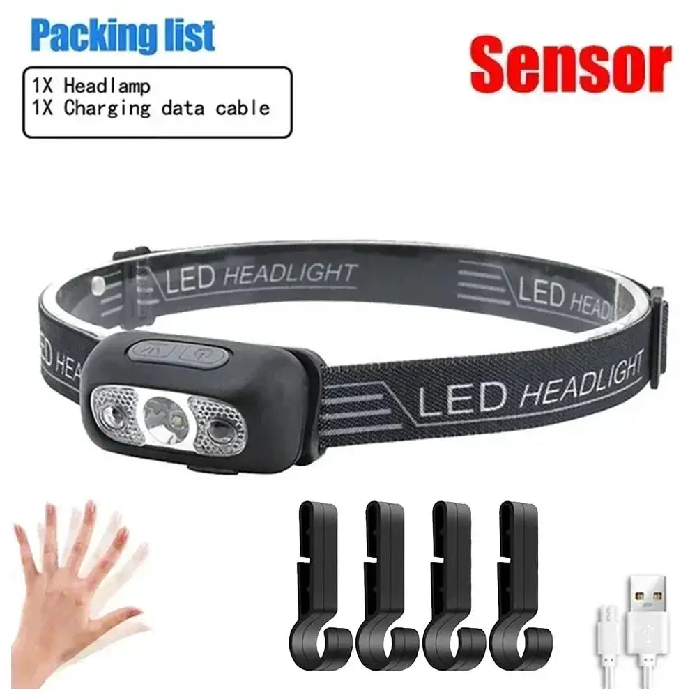 Strong Light Sensor USB C Rechargeable LED Headlamp Hands Free Portable For Camping And Outdoor Activities