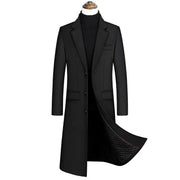 Men's black wool-blend overcoat, long trench-style with notch lapels