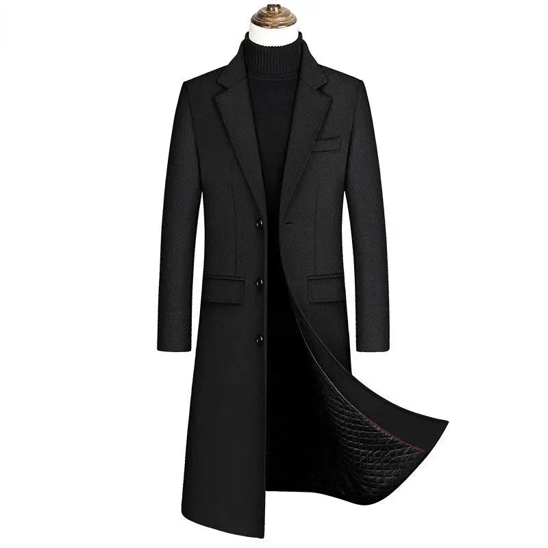 Men's black wool-blend overcoat, long trench-style with notch lapels