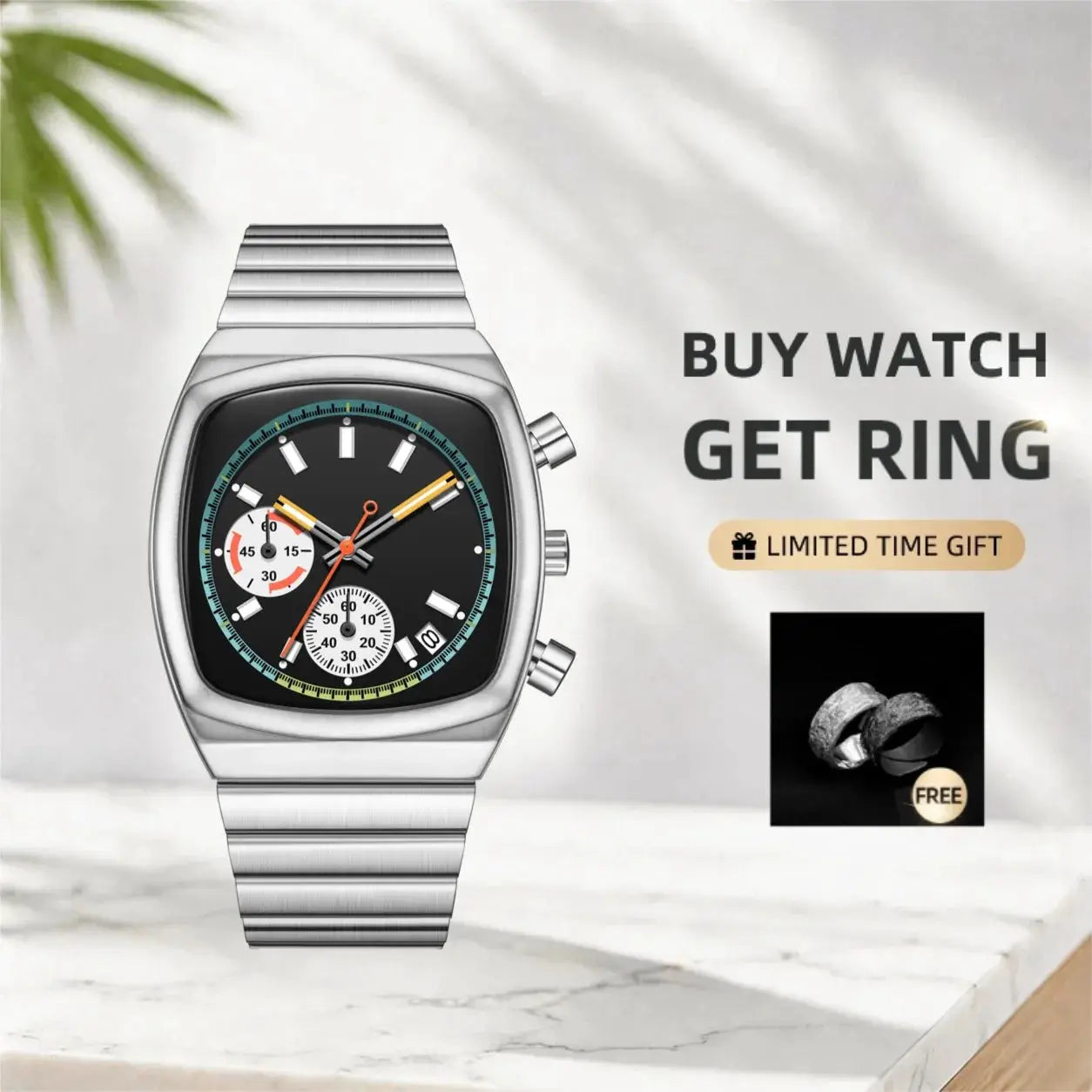 Men's square quartz watch with stainless steel bracelet, black dial, turquoise outer ring, and multi-subdial chronograph