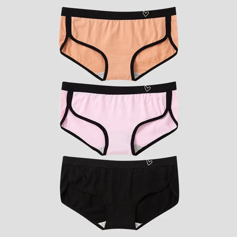 BANNIROU 3-pack women's cotton low-rise briefs in peach, pink, and black with black trim