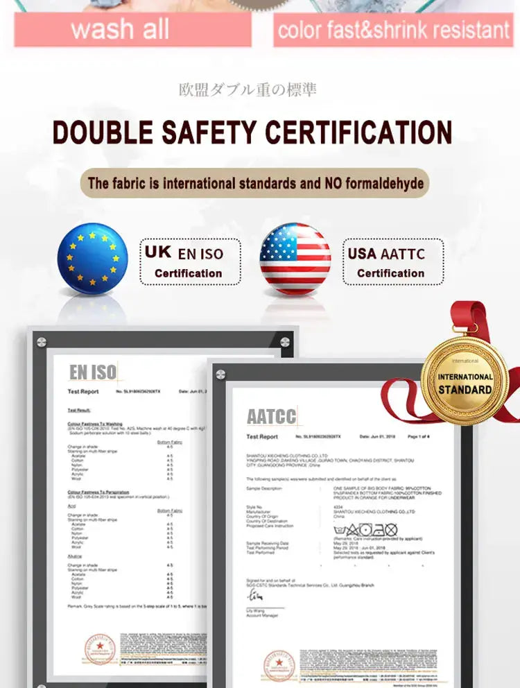 Simples Market 3-piece lace bra set shown with double safety certification, EN ISO and AATCC certificates and a gold seal