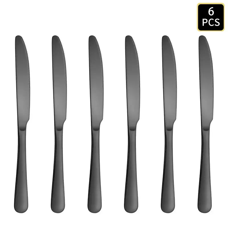 Black Stainless Steel Cutlery Set 1010 Round Handle Knives Forks Spoons 4 6 16 24 Piece for Home and Hotel