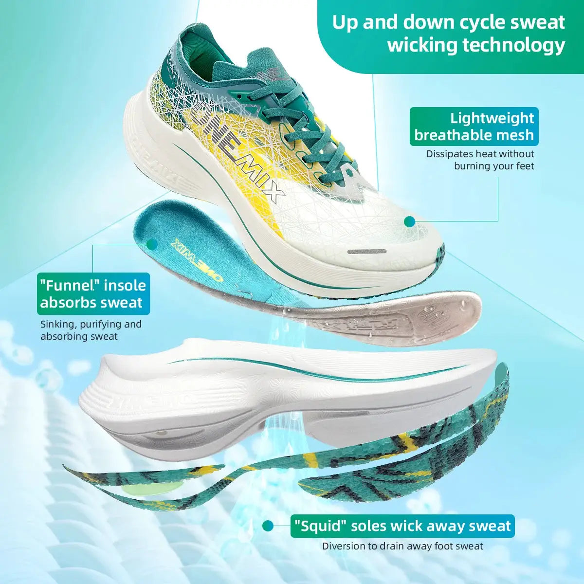 ONEMIX Marathon carbon-plate running shoes by Simples Market; lightweight, breathable mesh with teal accents.