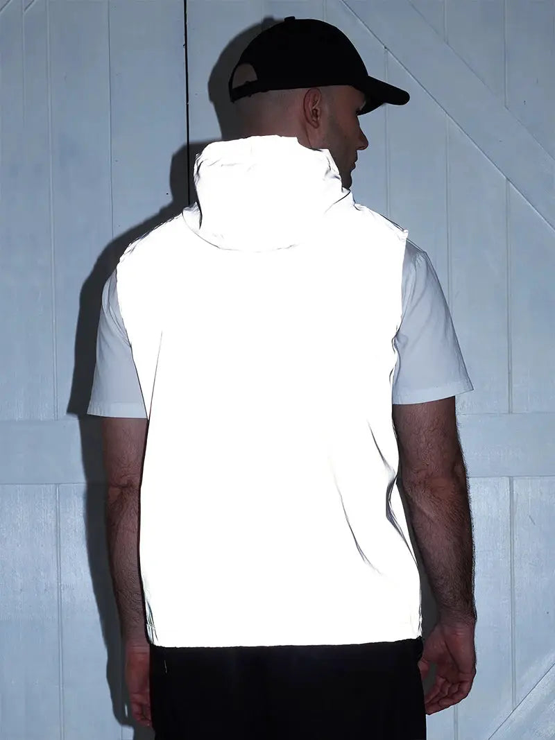 Night reflective hooded vest for men in white; lightweight outdoor streetwear