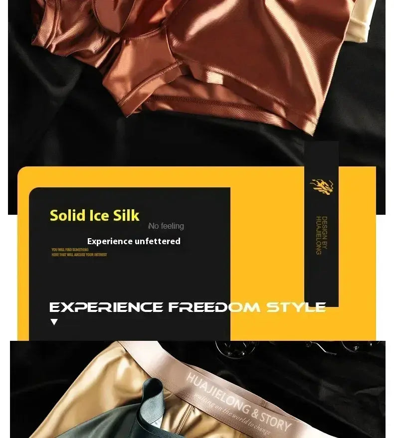 Simples Market men's solid ice silk boxers on yellow and black packaging labeled Solid Ice Silk, satin-like breathable underwear