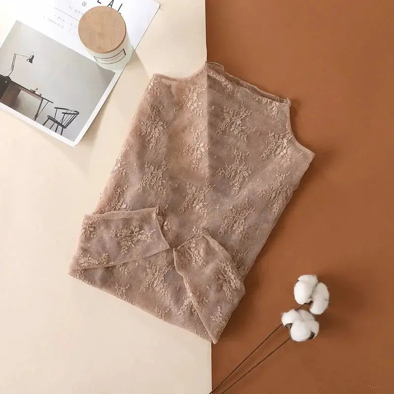 LaceLuxe Women Floral Lace Shirt Mock Neck With Mesh Bottoming Layer For Spring And Autumn Flattering Sheer Look