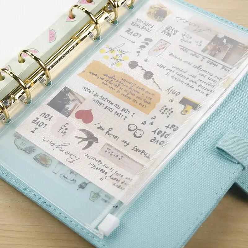 Binder pockets with zipper, turquoise waterproof PVC for A5–A7 six-hole binders