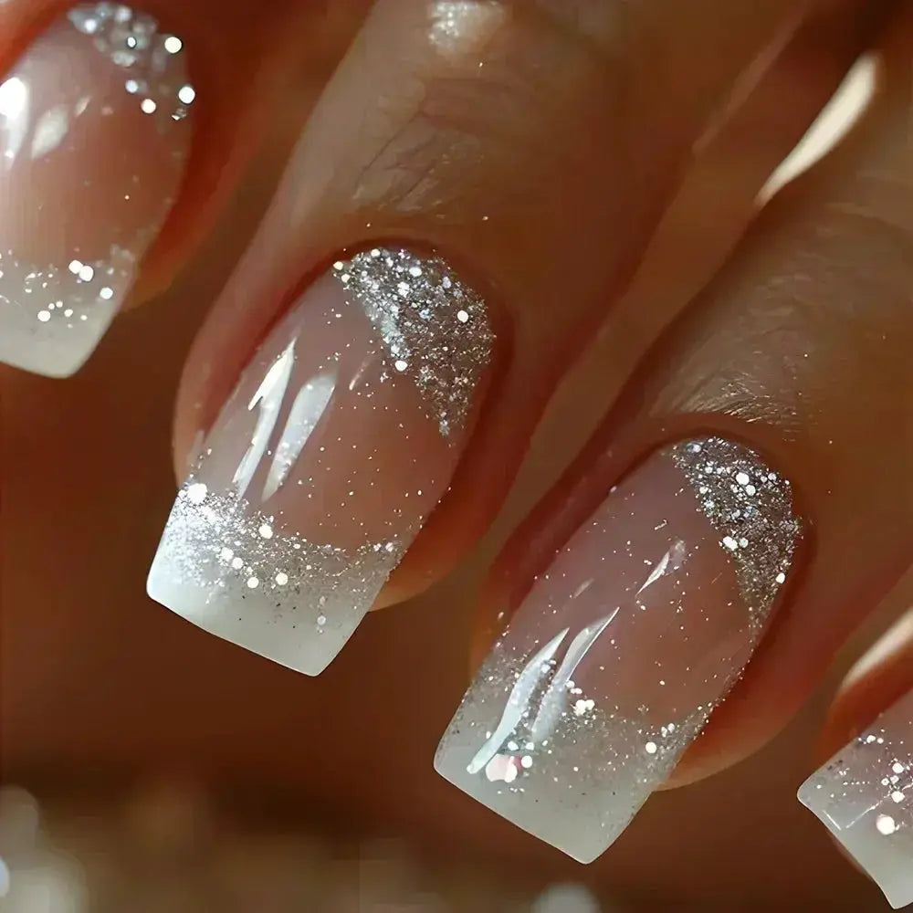 GlamNail Pro 24Pcs Short Square Coffin Press On Nails Set With Glue French Glitter Ballet Style