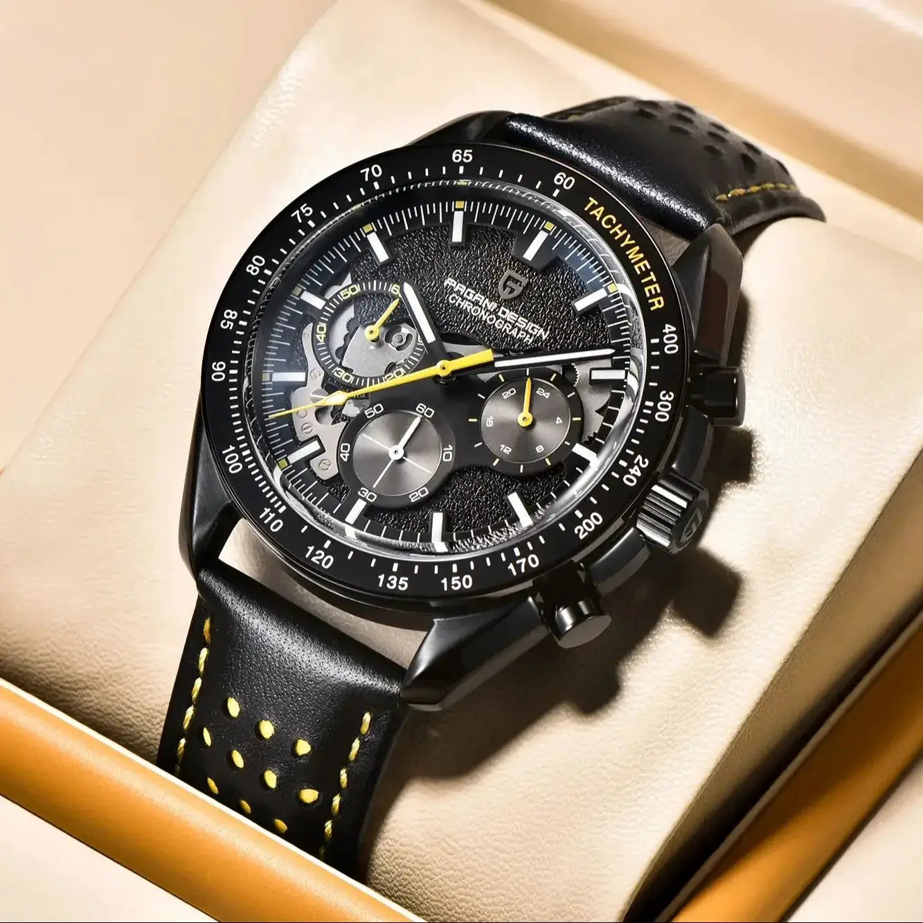 Pagani Design black skeleton chronograph men's wristwatch with yellow hands