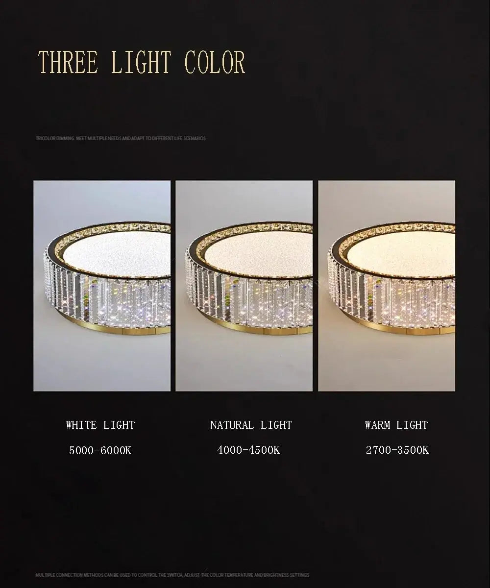 Crystal ceiling lamp with gold rim and hanging crystals; three-panel display shows white, natural, and warm light.